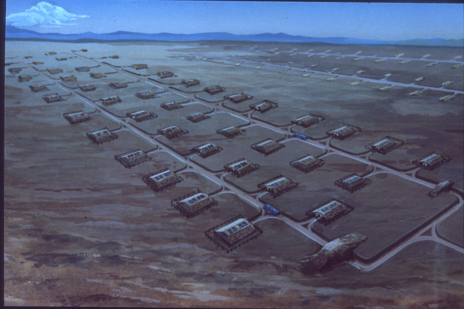 Gouache concept painting of an MX missile shelter field at twilight, mountains behind