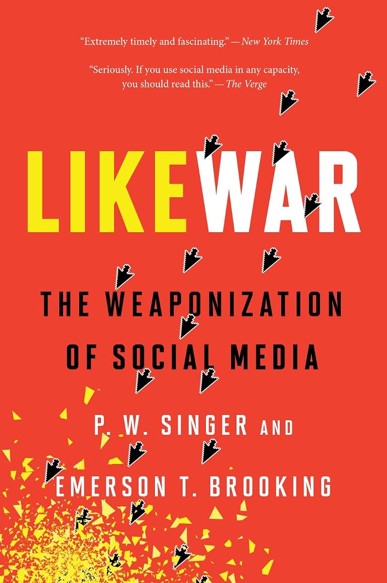 The red paperback cover of LikeWar, cursor arrows scattered across it