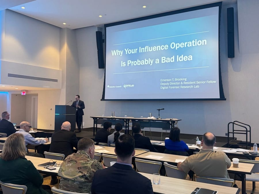 Briefing a Department of Defense audience, slide reading 'Why Your Influence Operation Is Probably a Bad Idea'