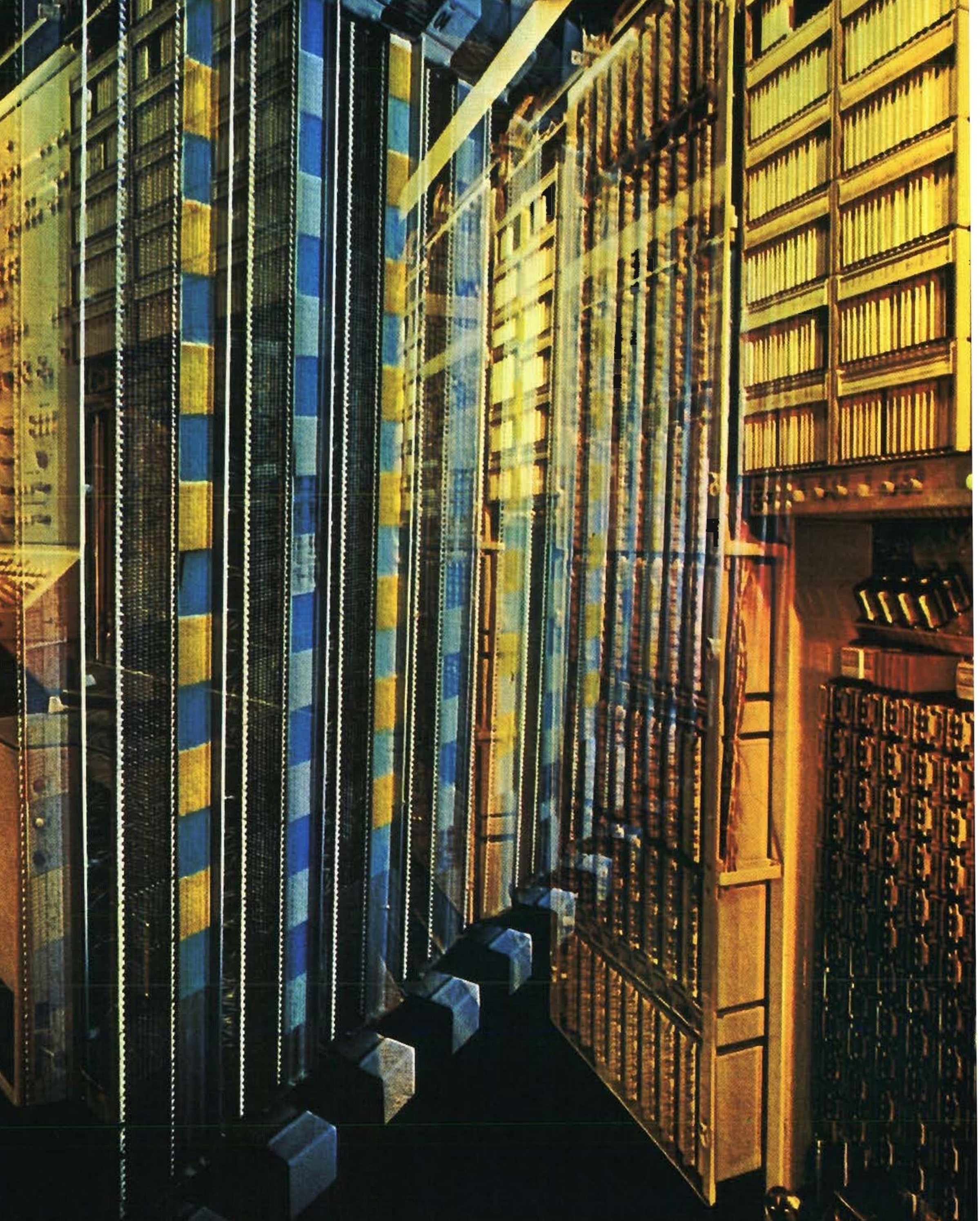 Photograph from AT&T's 1968 annual report of a switching-office aisle: tall equipment racks receding in perspective, their faces striped with yellow and blue lamps and cabling