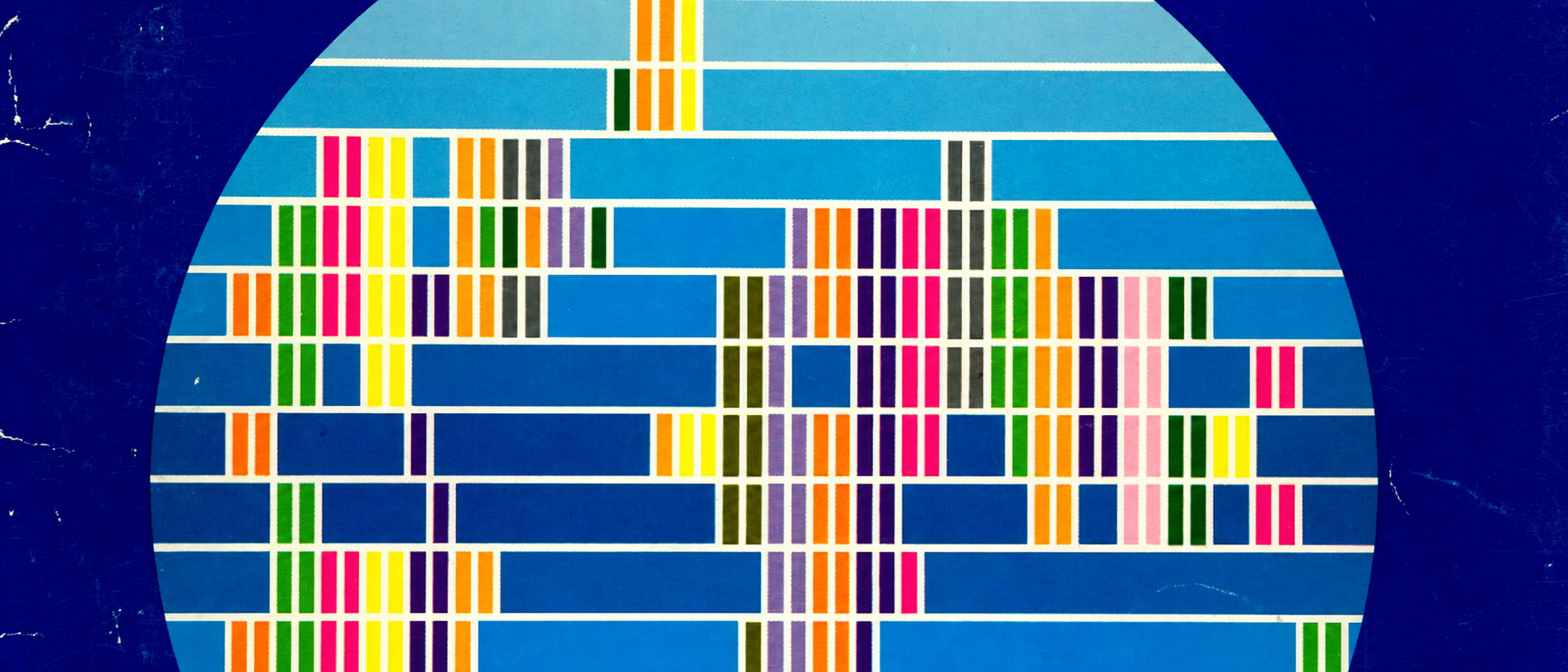 Orange, dark green and multicolored bars crossing a blue circle; adapted from the Canadian Commercial Corporation annual report, 1979?80
