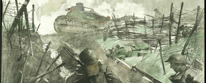 Painted illustration of WWI soldiers in a trench with a tank advancing through barbed wire in the background.