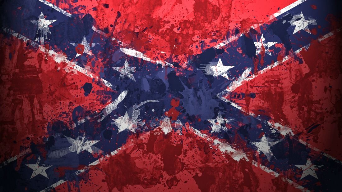 Grunge-style illustration of a blood-splattered Confederate battle flag.