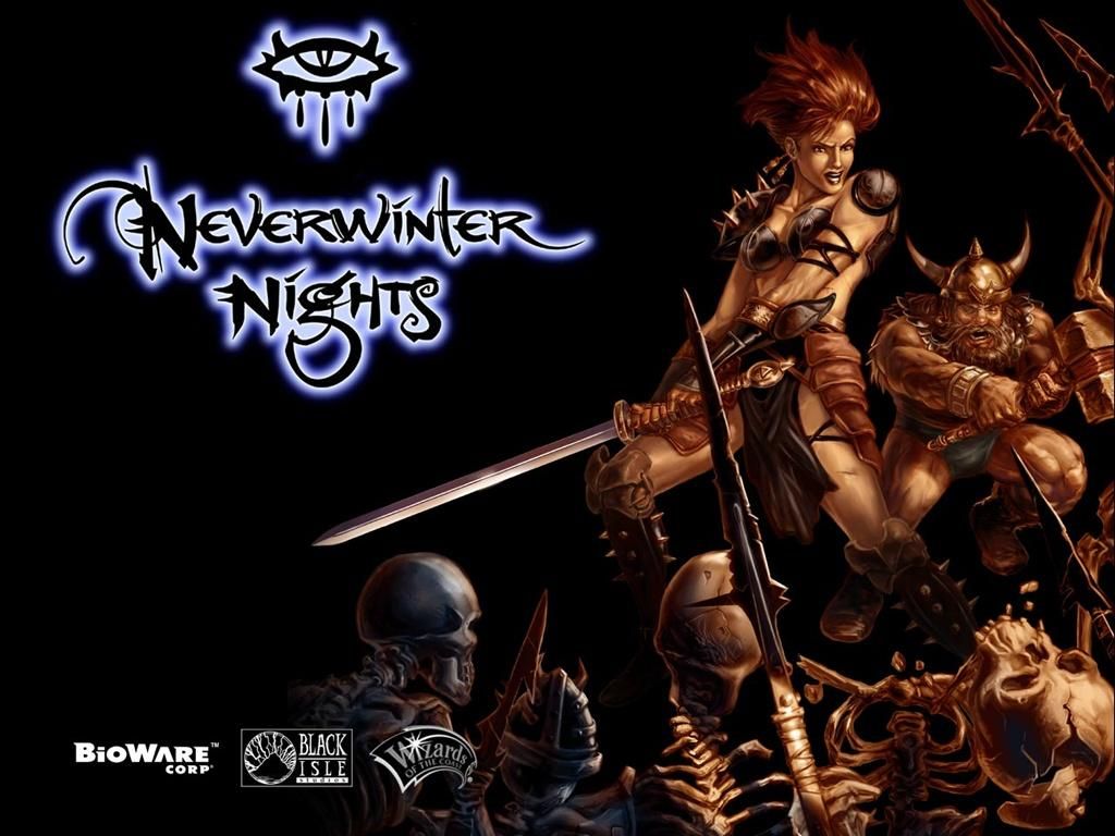 Promotional artwork for the video game Neverwinter Nights, showing armored fantasy characters and skeletons.