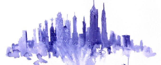 Purple watercolor illustration of the New York City skyline.