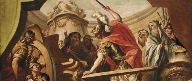 Classical painting of a Roman general in armor addressing a group of robed elders and soldiers.