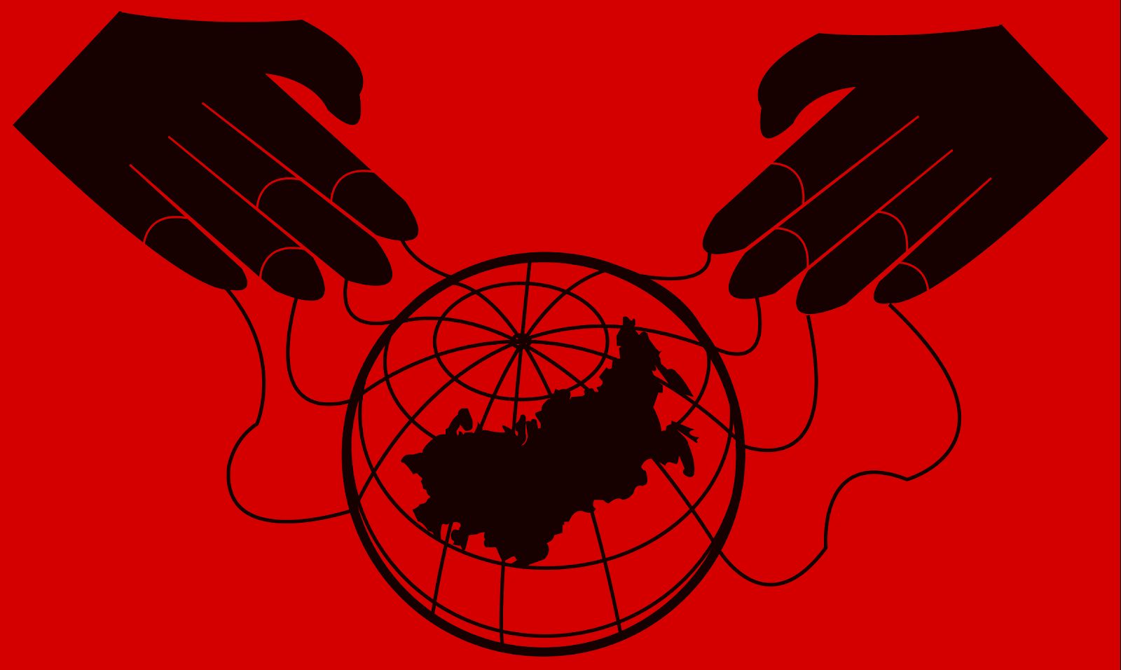 Illustration of two giant silhouetted hands manipulating puppet strings around a globe with Russia highlighted, on a red background.