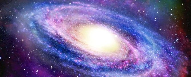 Colorful illustration of a spiral galaxy in space.